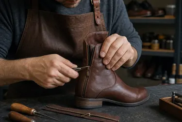 Sapateiro consertando o zíper de uma bota em Camaçari.