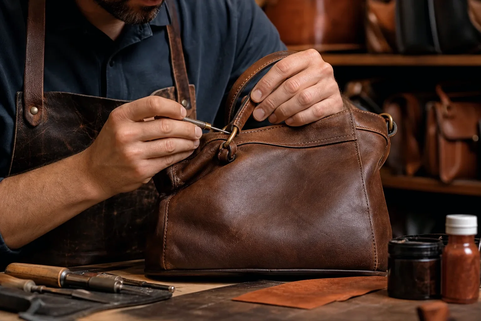 Sapateiro reformando uma bolsa de couro em Camaçari.